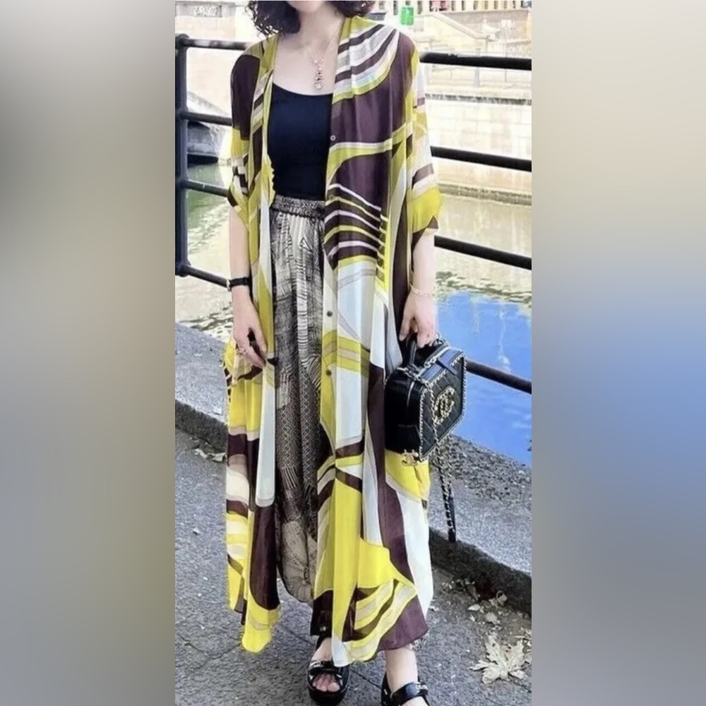 ZARA WOMAN MIDI LOOSE-FITTING PRINTED DRESS KAFTAN YELLOW SZ M NWT